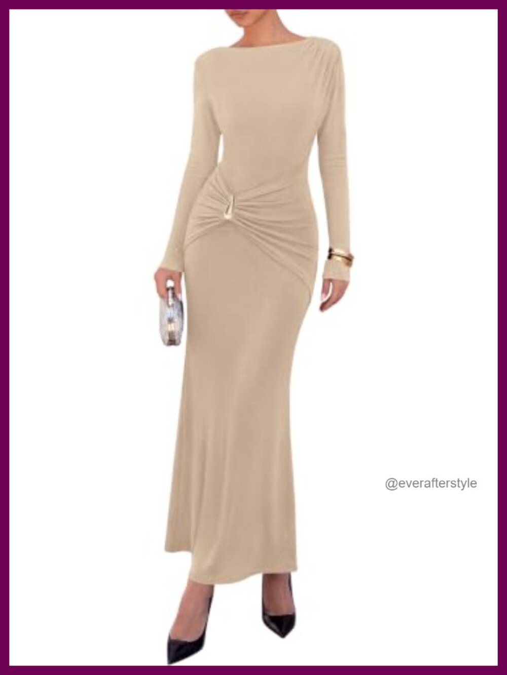 Long Sleeve Ruched Slit Maxi Bodycon Wedding Guest Dress